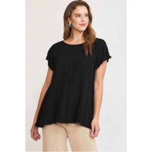 Umgee | Pintuck High-Low Frayed Hem Linen Tunic Top
